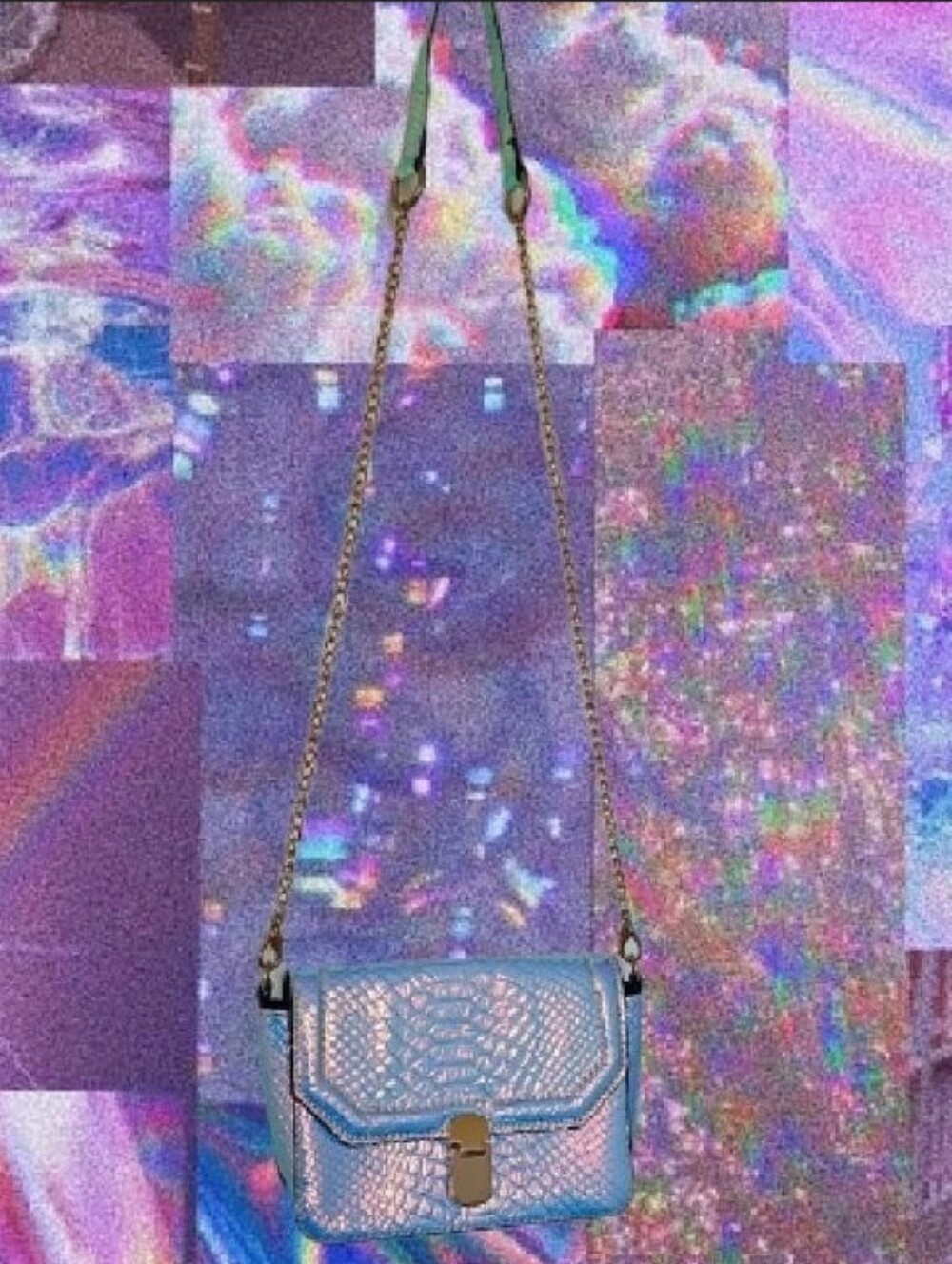 Holographic Blue/Purple Faux Snakeskin Crossbody Purse With Gold Detail